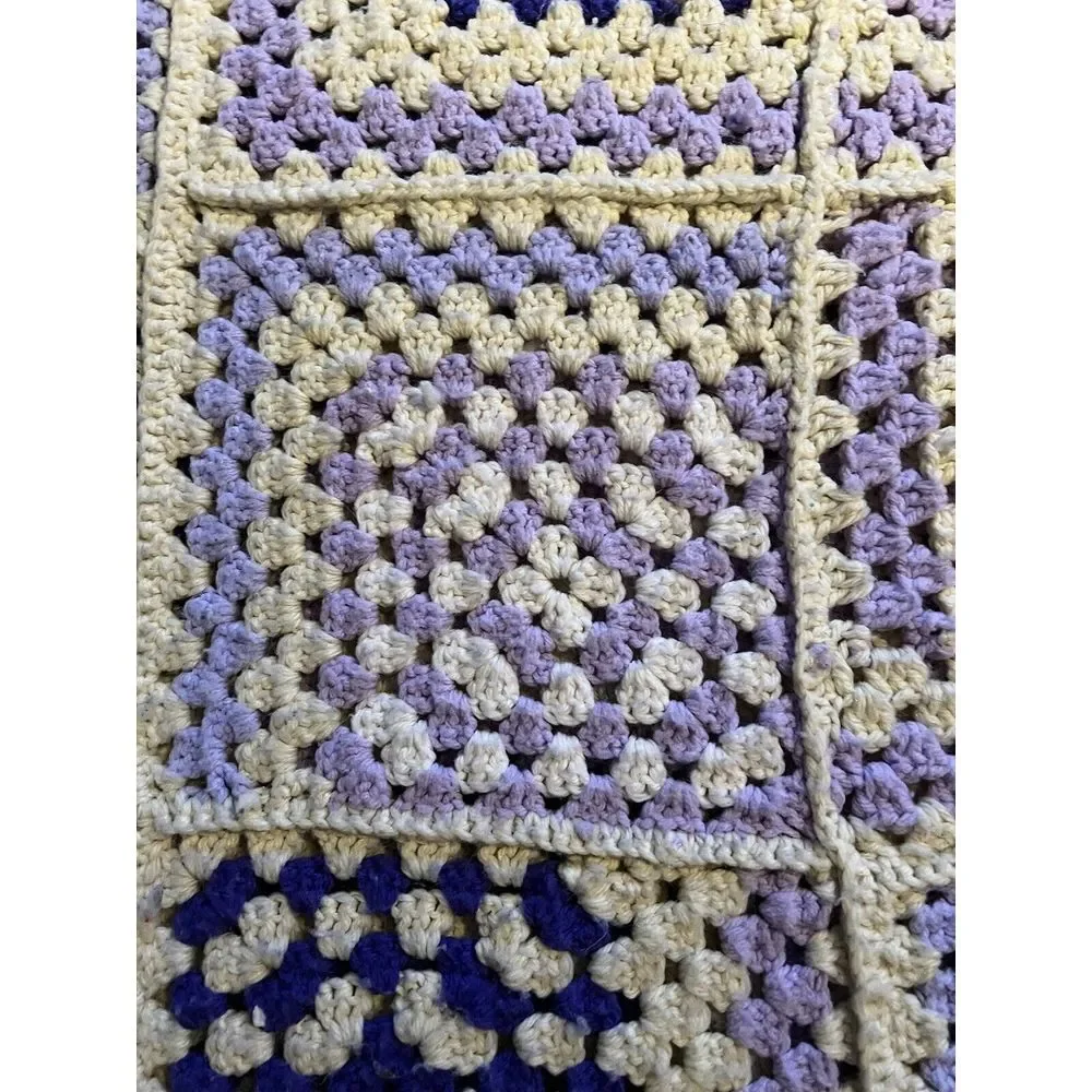 Vtg Purple White Crochet Handmade Afghan Throw Blanket Granny Square Style 48x64